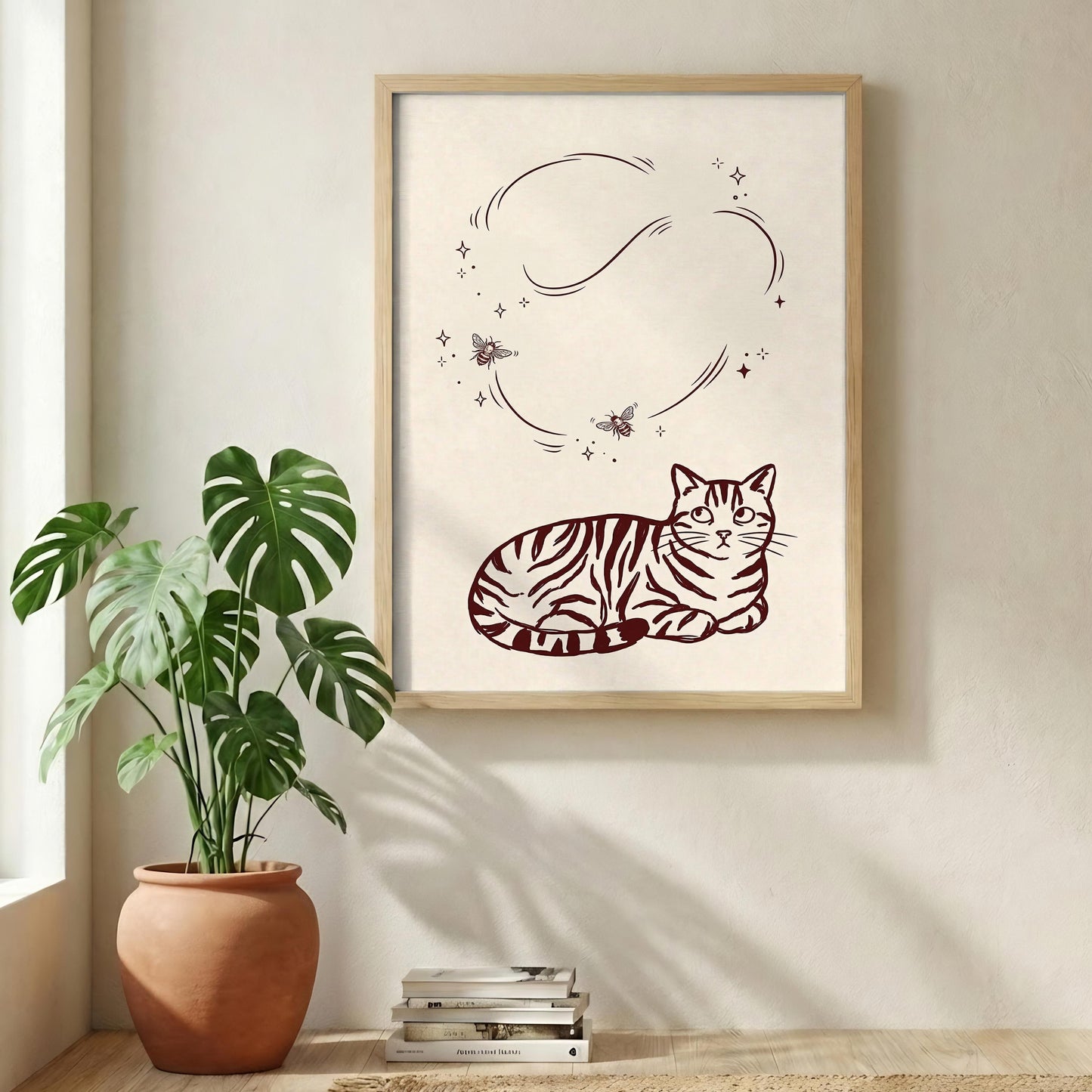 Burgundy Cat Wall Art, Minimalist Tabby Print, Modern Feline Canvas for Cozy Home Decor