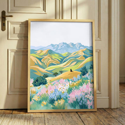 Black Cat Meadow Print, Pastel Landscape Wall Art, Whimsical Cat Canvas Decor