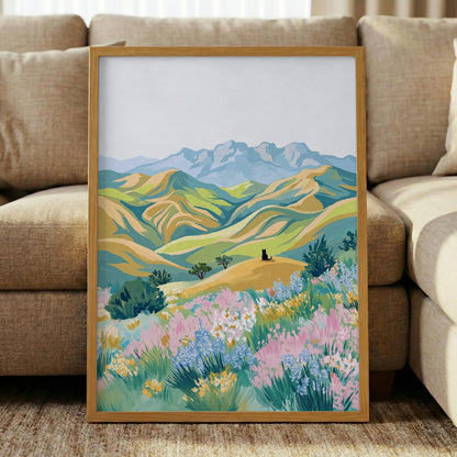 Black Cat Meadow Print, Pastel Landscape Wall Art, Whimsical Cat Canvas Decor
