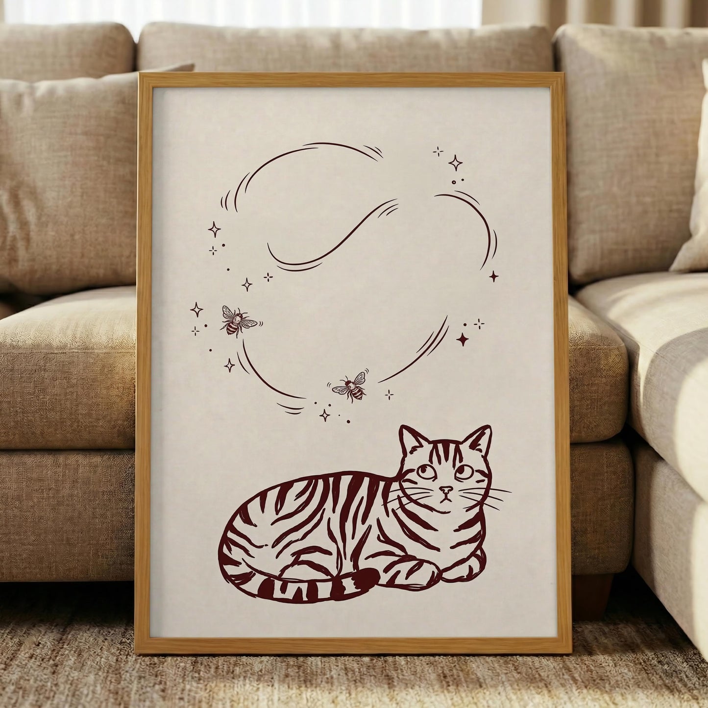 Burgundy Cat Wall Art, Minimalist Tabby Print, Modern Feline Canvas for Cozy Home Decor