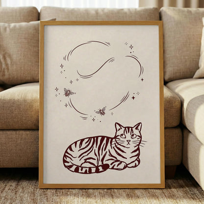 Burgundy Cat Wall Art, Minimalist Tabby Print, Modern Feline Canvas for Cozy Home Decor