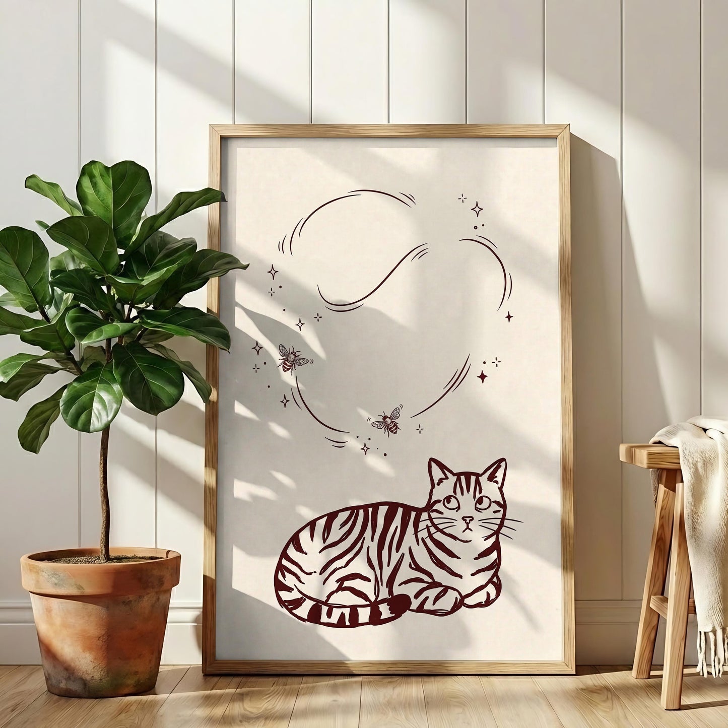 Burgundy Cat Wall Art, Minimalist Tabby Print, Modern Feline Canvas for Cozy Home Decor
