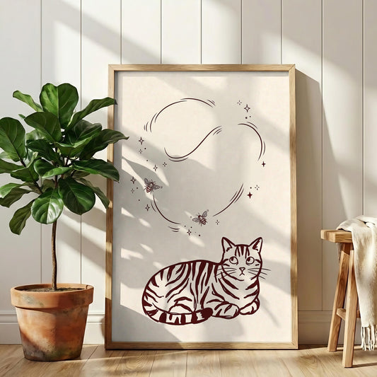 Burgundy Cat Wall Art, Minimalist Tabby Print, Modern Feline Canvas for Cozy Home Decor