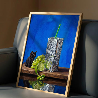 Ironic Cat Still Life Print, Modern Food Wall Art, Whimsical Kitchen Decor