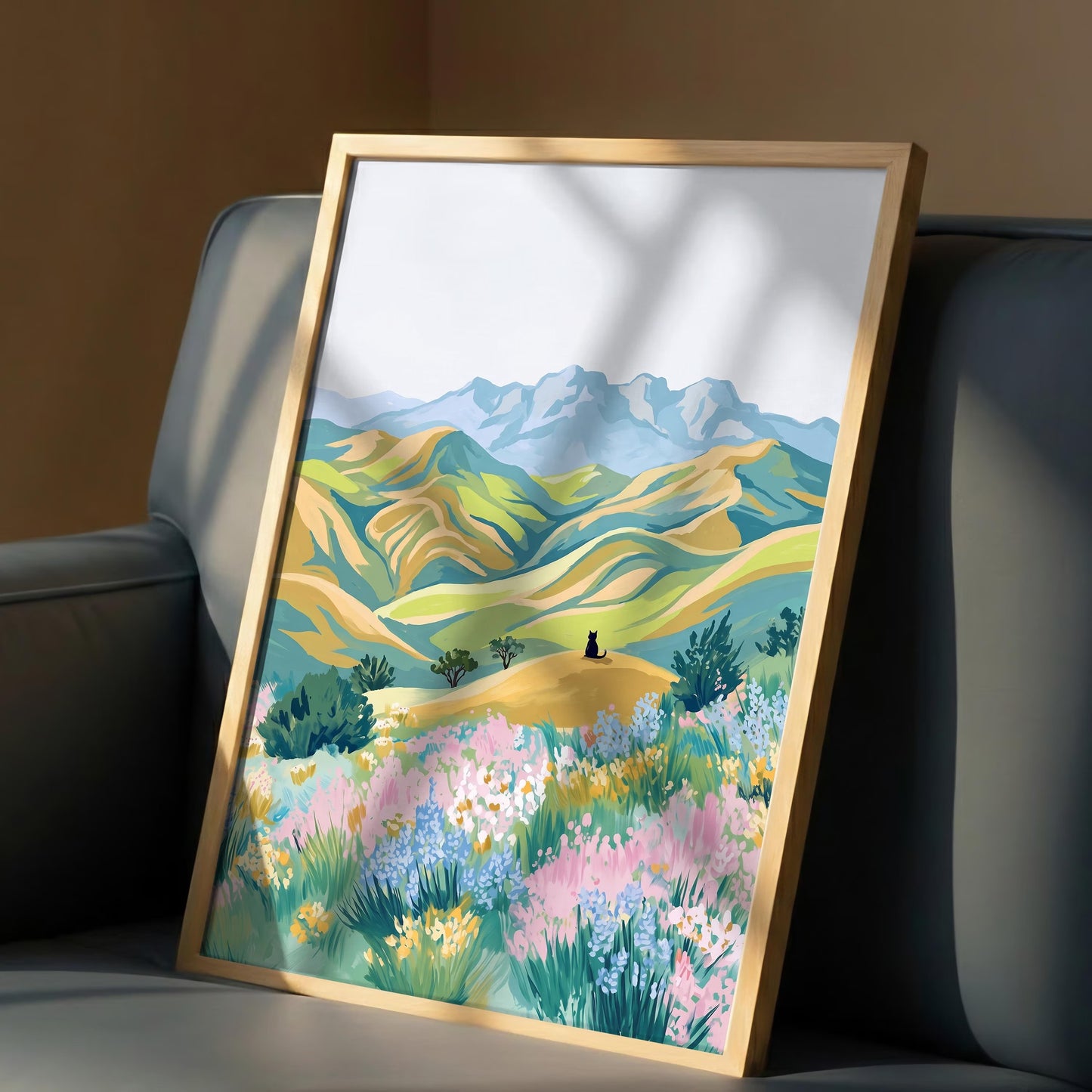 Black Cat Meadow Print, Pastel Landscape Wall Art, Whimsical Cat Canvas Decor