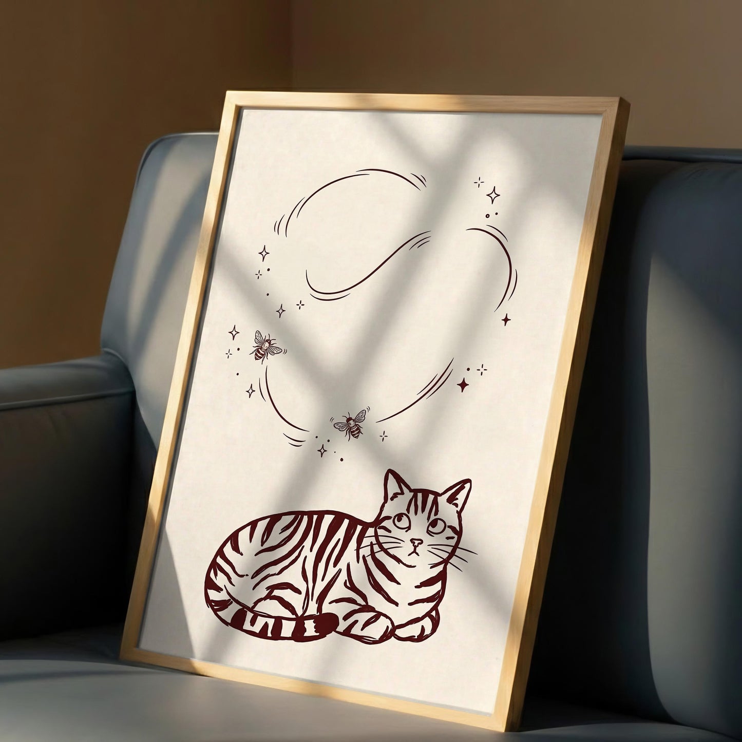 Burgundy Cat Wall Art, Minimalist Tabby Print, Modern Feline Canvas for Cozy Home Decor