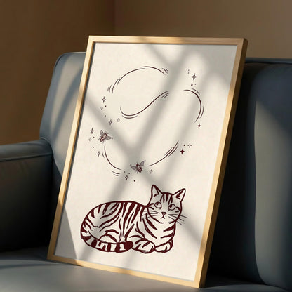 Burgundy Cat Wall Art, Minimalist Tabby Print, Modern Feline Canvas for Cozy Home Decor