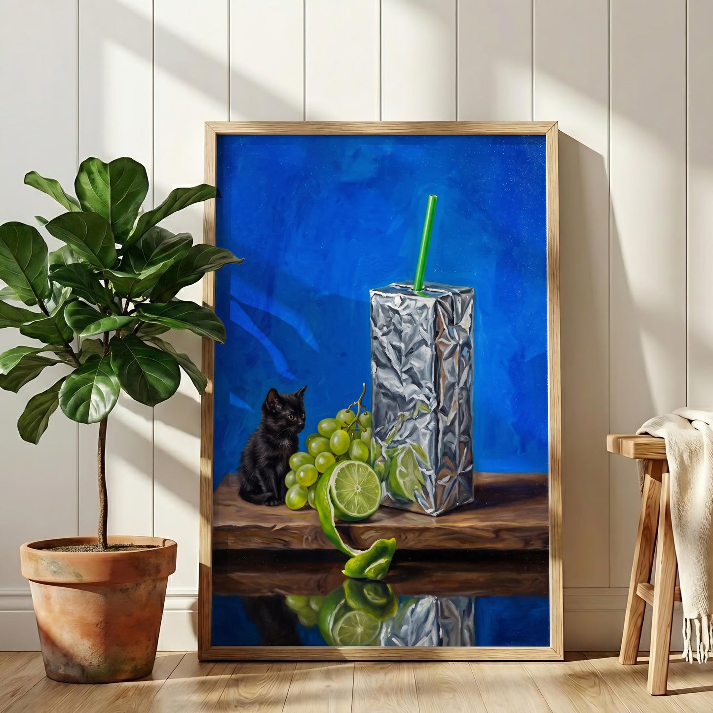 Ironic Cat Still Life Print, Modern Food Wall Art, Whimsical Kitchen Decor