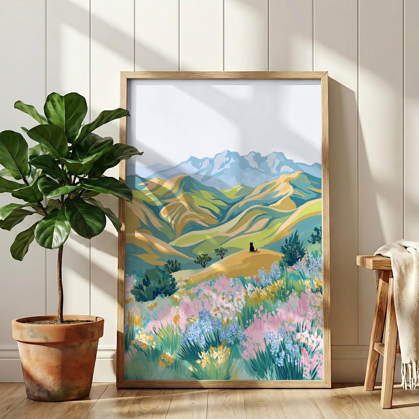 Black Cat Meadow Print, Pastel Landscape Wall Art, Whimsical Cat Canvas Decor