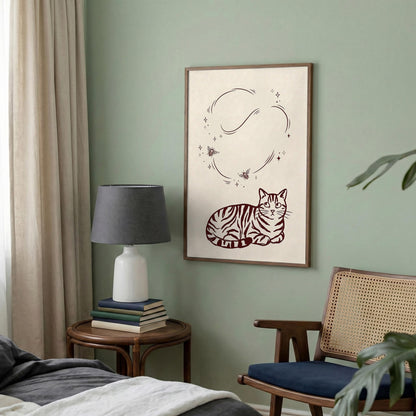 Burgundy Cat Wall Art, Minimalist Tabby Print, Modern Feline Canvas for Cozy Home Decor