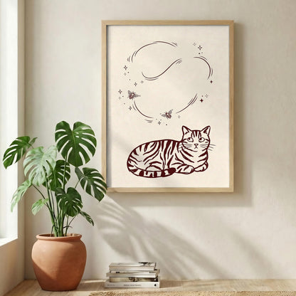 Burgundy Cat Wall Art, Minimalist Tabby Print, Modern Feline Canvas for Cozy Home Decor