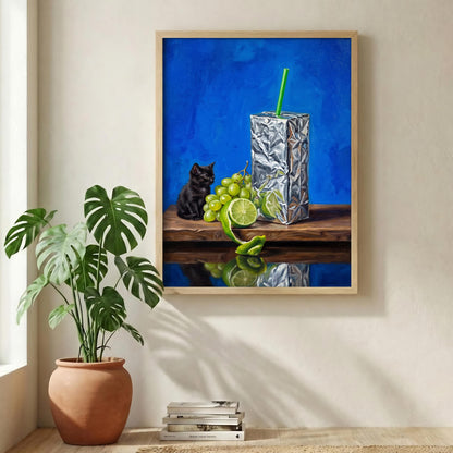 Ironic Cat Still Life Print, Modern Food Wall Art, Whimsical Kitchen Decor