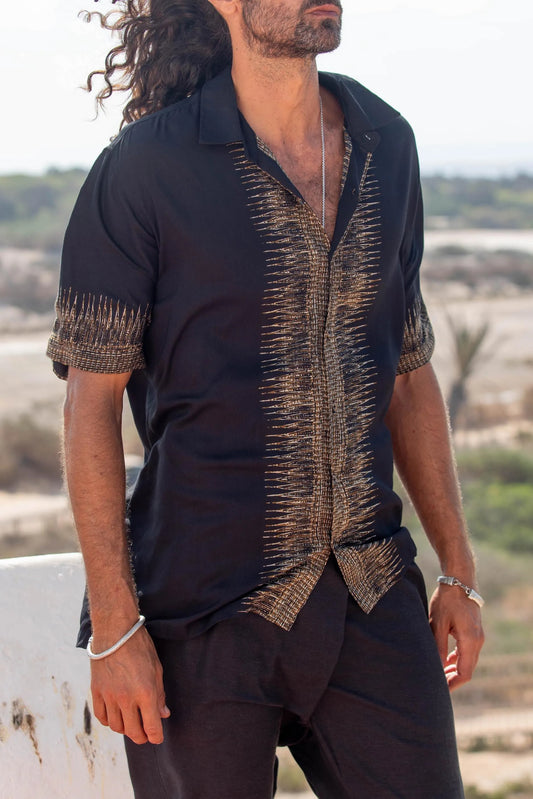 Malaui Men’s Tribal Shirt, Black and Gold Boho Short-Sleeve Shirt