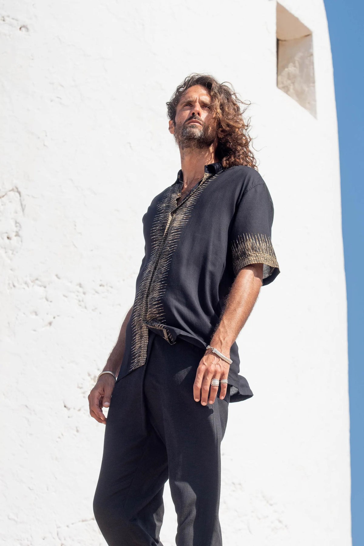 Malaui Men’s Tribal Shirt, Black and Gold Boho Short-Sleeve Shirt