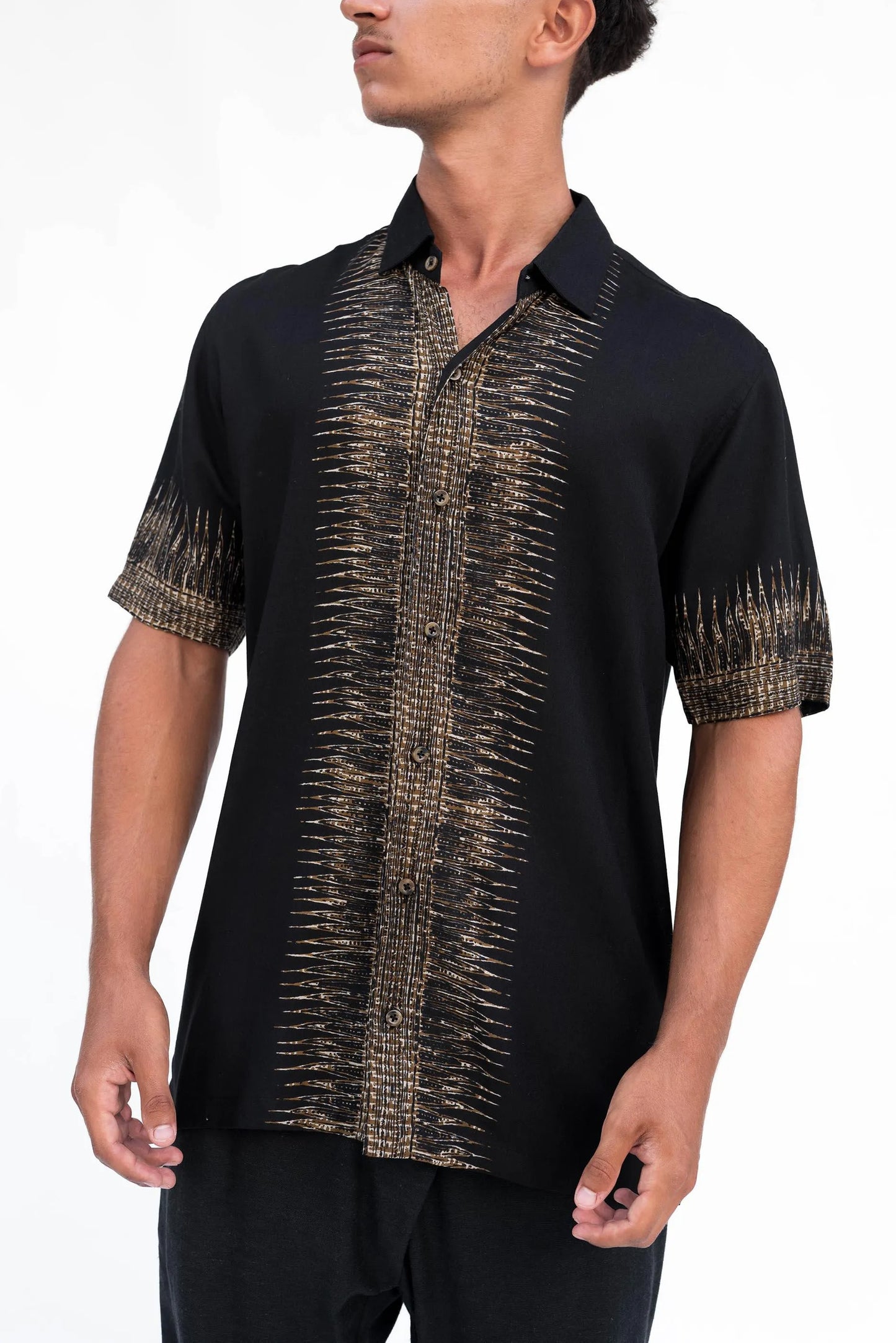 Malaui Men’s Tribal Shirt, Black and Gold Boho Short-Sleeve Shirt