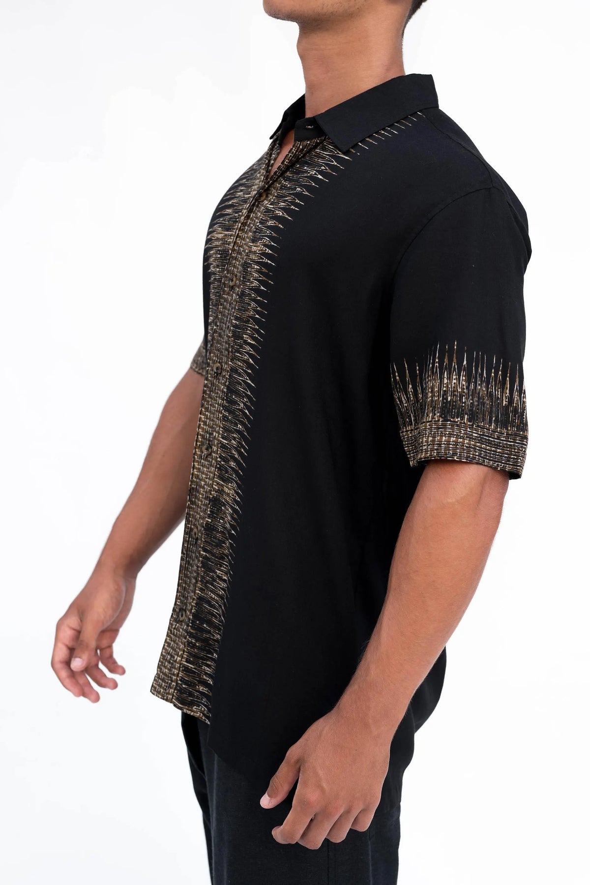 Malaui Men’s Tribal Shirt, Black and Gold Boho Short-Sleeve Shirt