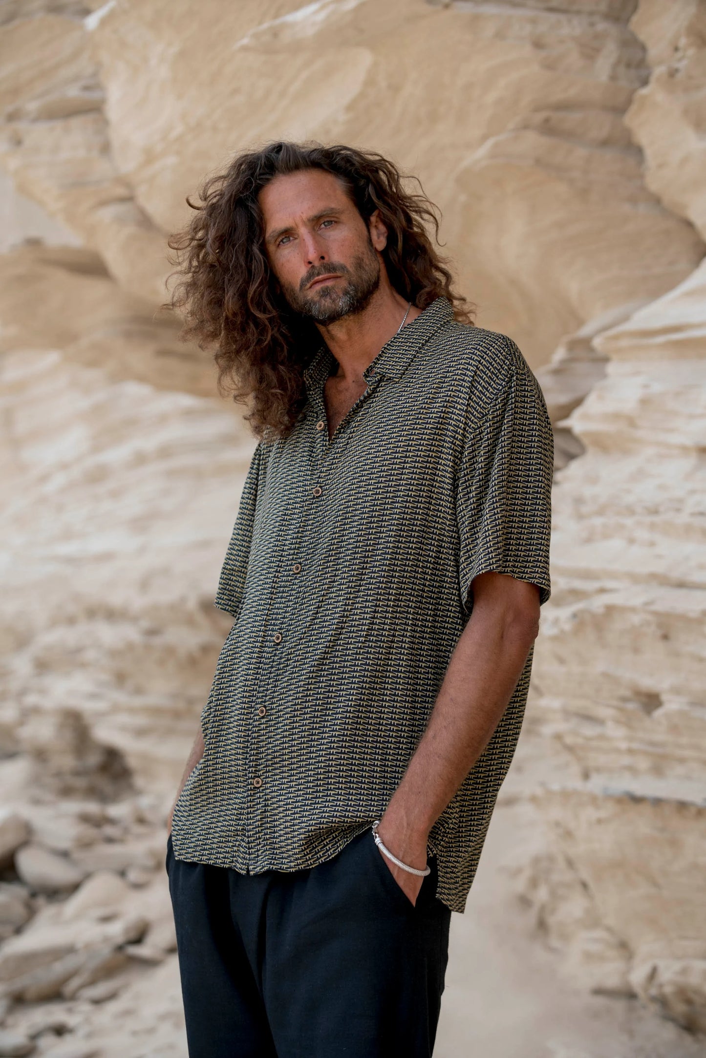 Wicker Print Shirt, Men’s Light Summer Shirt, Ethnic Boho Button-Up